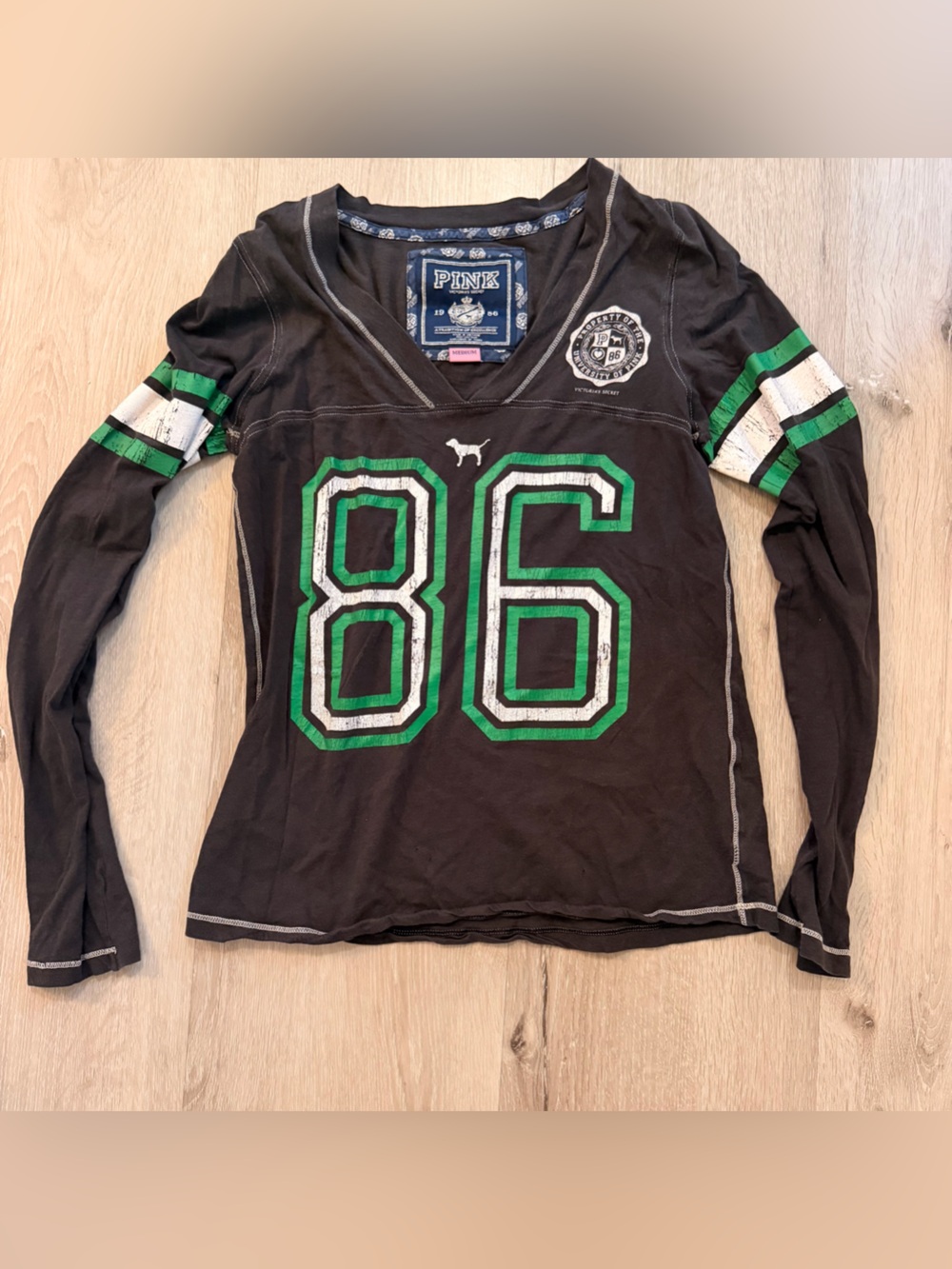 Vtg 2008 Victoria's Secret PINK Football Henley Long Sleeve Top - Black/Green